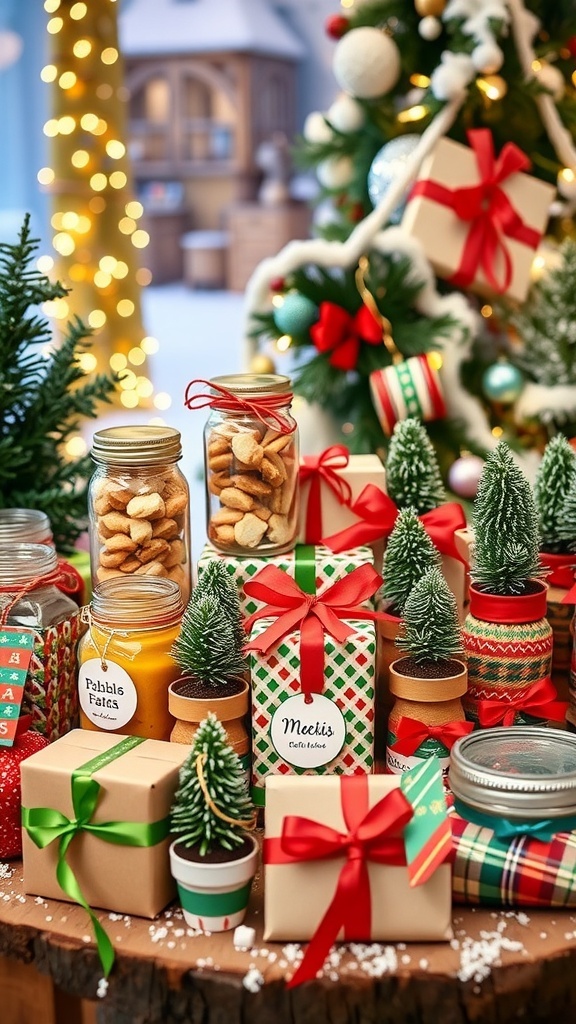 Creative Mini Christmas Gift Ideas A collection of mini Christmas gifts including cookies in jars, potted plants, and ornaments, arranged with holiday decorations.